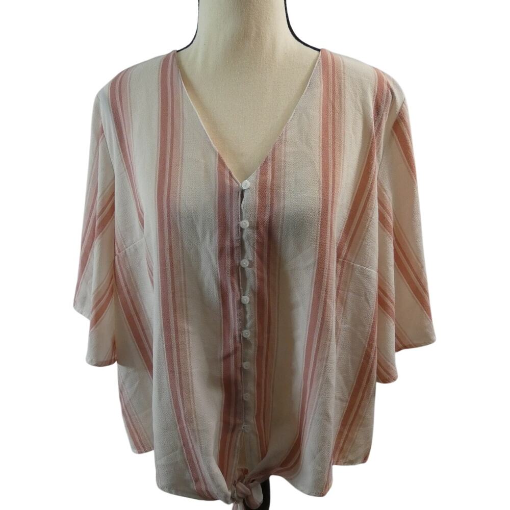 LUSH Women's Large Pink Ivory Striped Blouse Buttons Tie Hem Flowy Casual